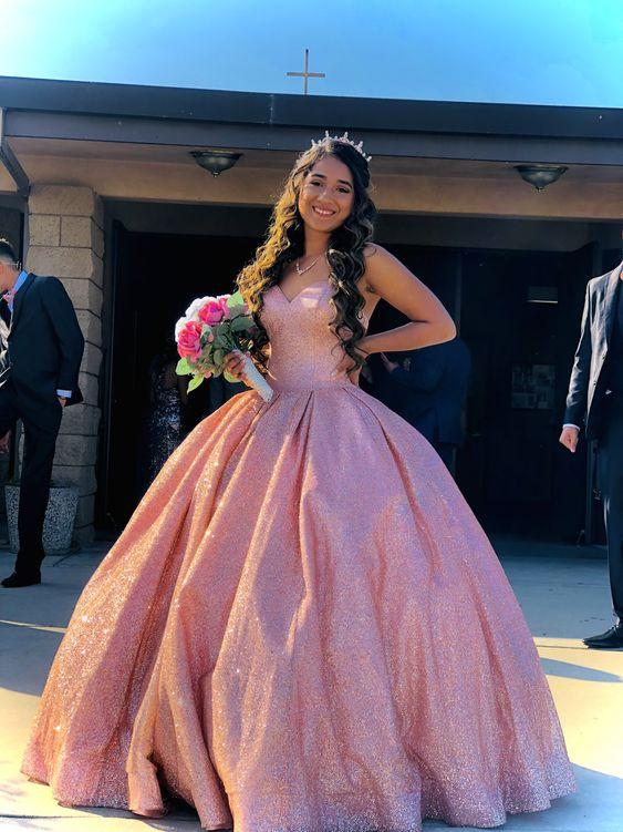 SSR0067,Pink Ball Gown,Sparkling Pink Quincenera Dress Sweetheart Long Prom Dress
