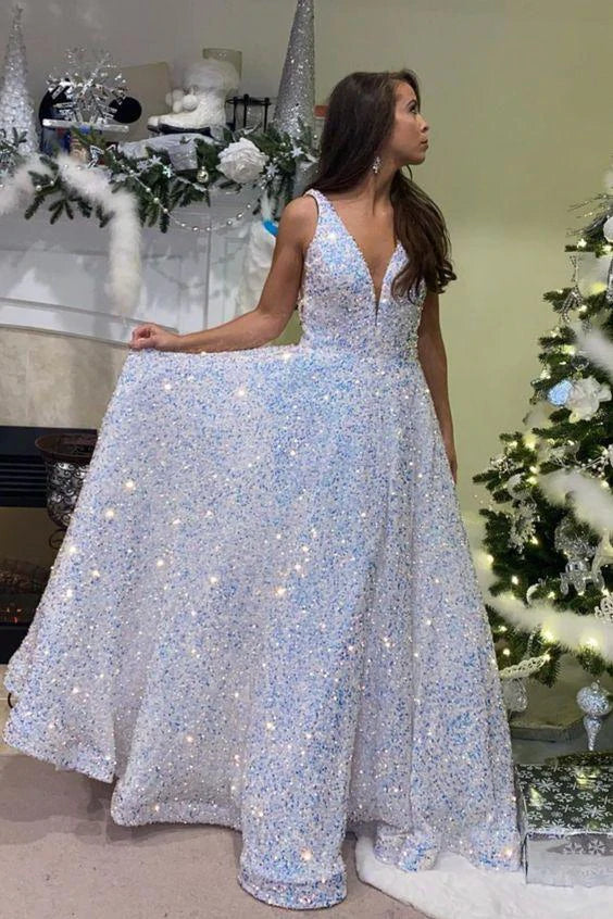 SSR0969,Sparkle white a-line prom dresses sequin evening formal gown