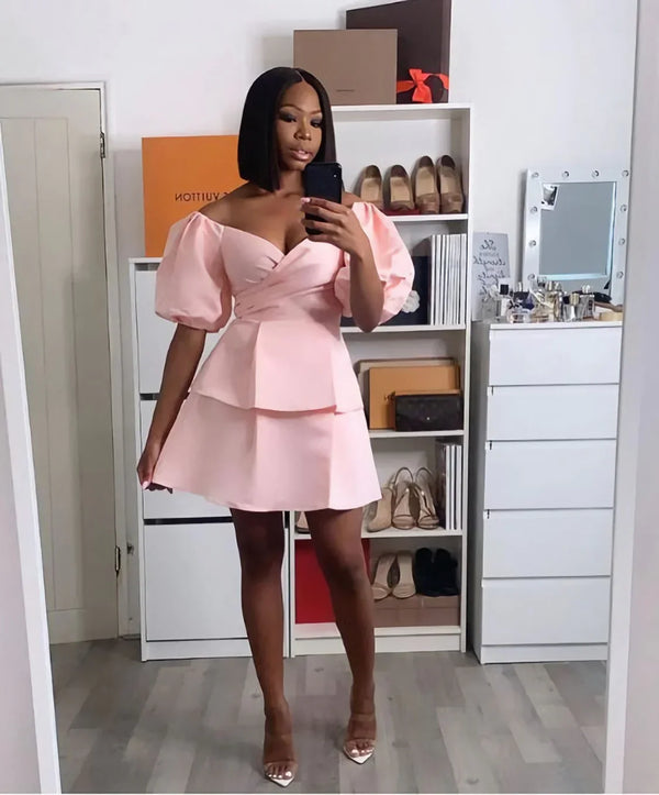 SSR1764,Pink Satin Short Homecoming Dress With Puffy Sleeves