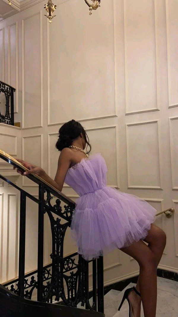 SSR0955,Cute lilac tulle short prom dresses mini homecoming dress sleeveless party dress