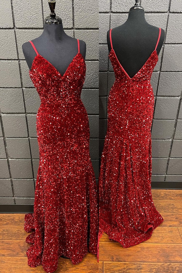 Straps Red Sequin V Neck Mermaid Long Prom Dress