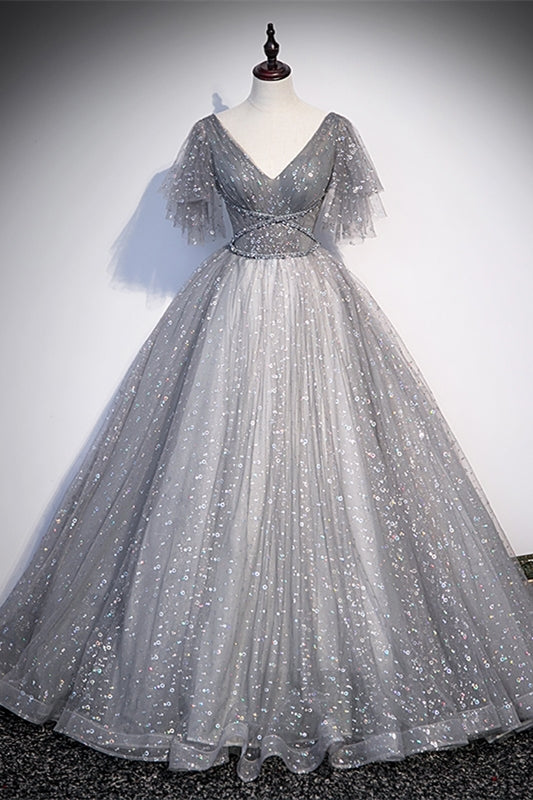 Grey V Neck A-line Long Formal Gown with Flutter Sleeves