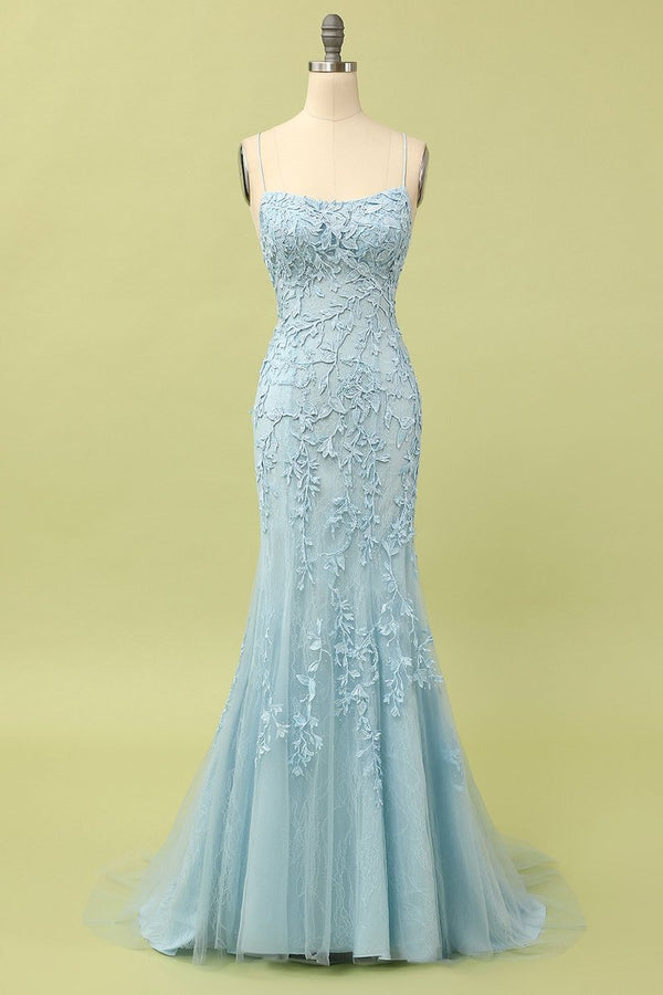 Straps Mermaid Blue Lace Appliqued Long Prom Dress
