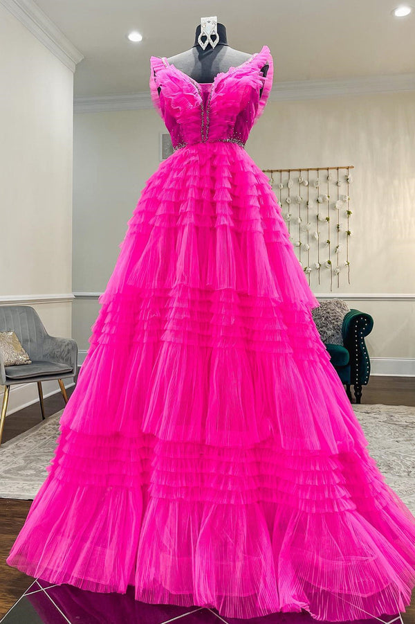Hot Pink Tiered Layers A-line Long Formal Gown