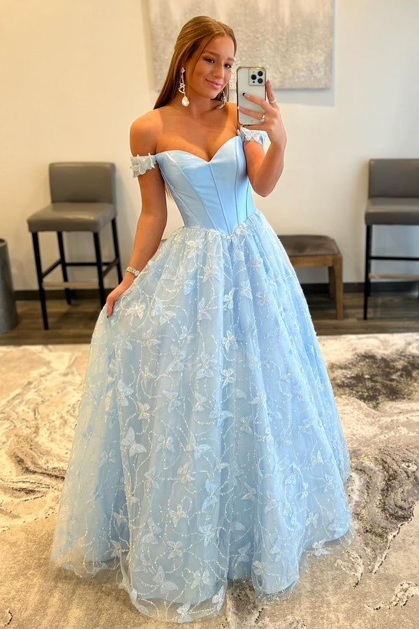 Princess Blue Off the Shoulder A-line Long Formal Gown