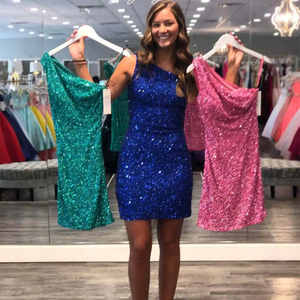 SSR1075,Sexy one shoulder sequin homecoming dresses