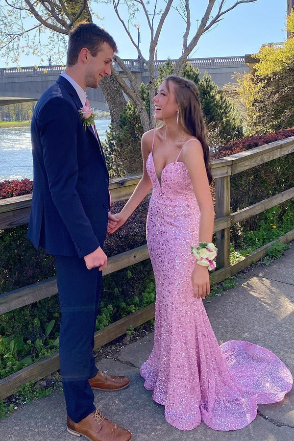 Straps Pink Sequin Mermaid Long Formal Dress