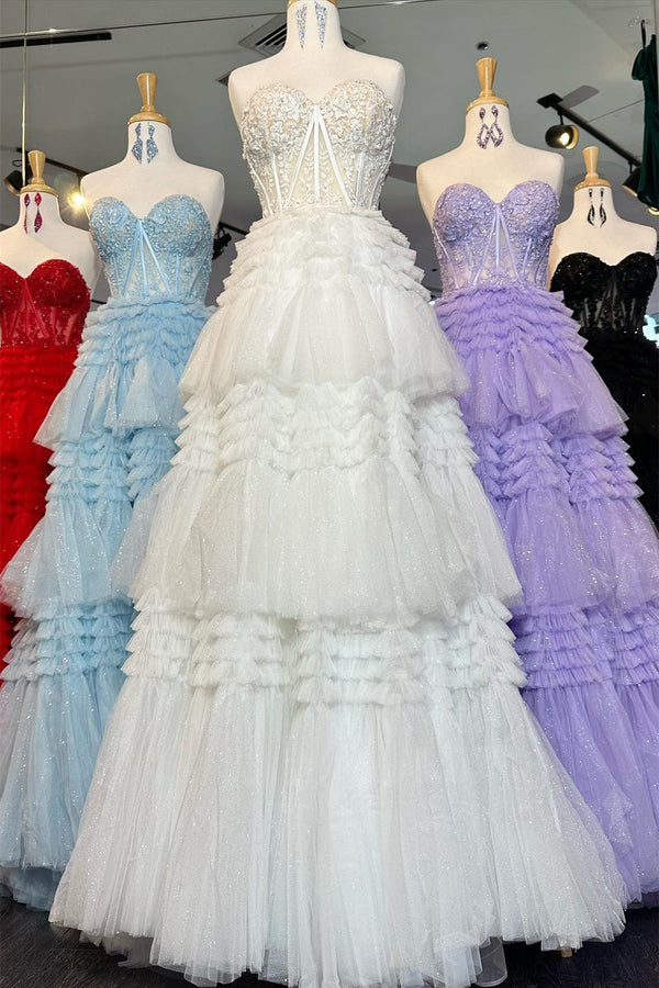 Sweetheart Lace and Tiered Ruffle Long Prom Dress