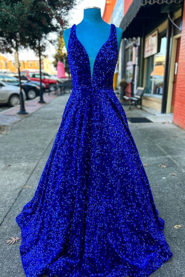 A-line Royal Blue Sequin V Neck Long Prom Dress