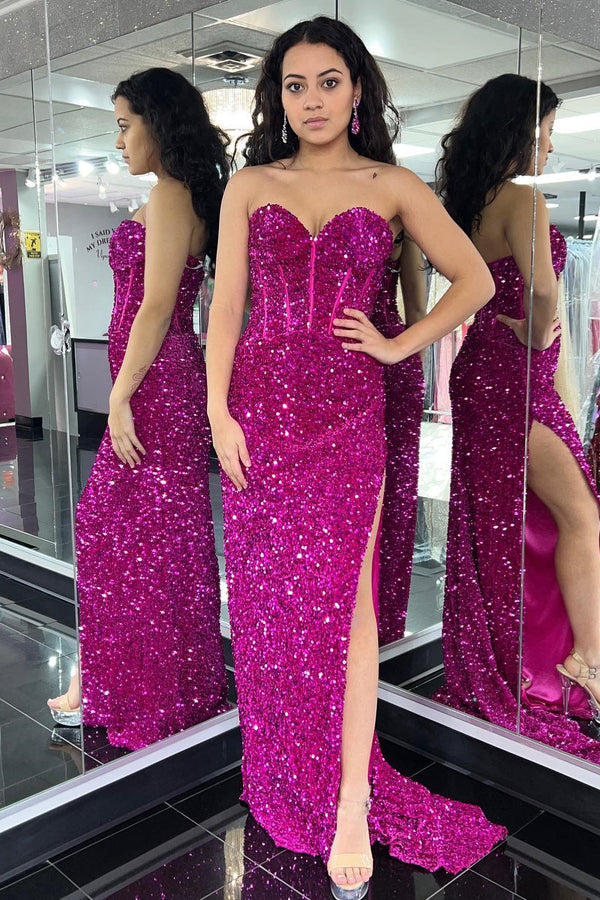 Sweetheart Fuchsia Sequin Mermaid Long Prom Dress with Slit