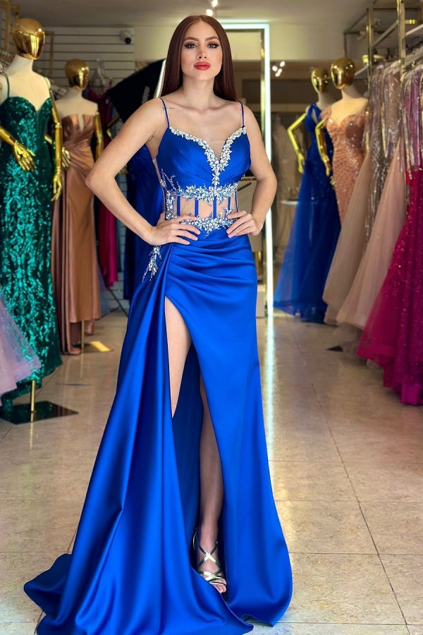 Beaded Split Royal Blue Spaghetti-Straps Prom Dress ssr0268