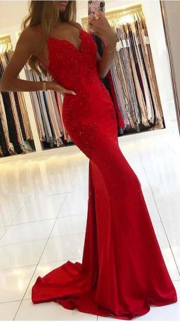 SSR0247,Sexy Red Prom Dresses Mermaid Applique Evening Party Gown Backless Prom Dress Long