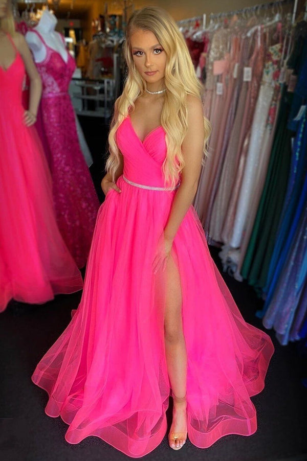 SSR0435,Chic pink tulle prom dresses v neck beaded evening ball gown with split