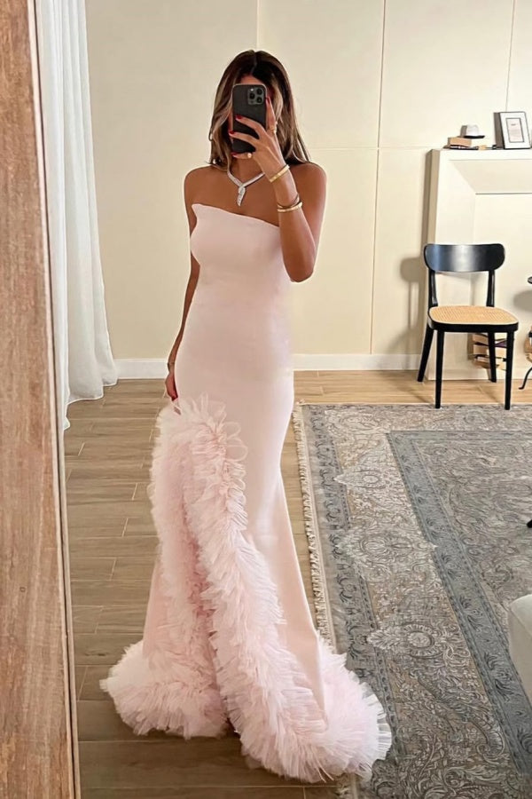 Blushing Pink Strapless Split Tulle Hem Prom Dress ssr0487