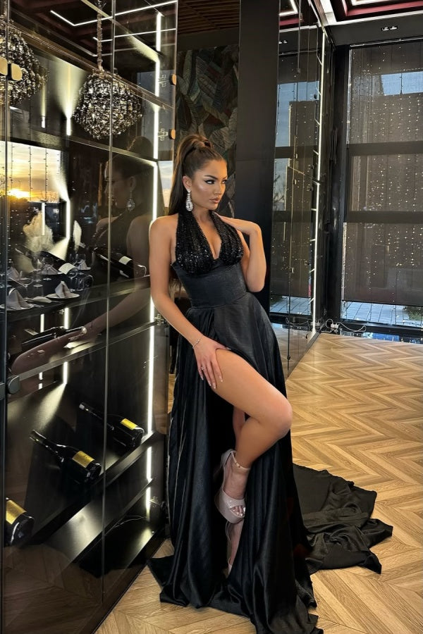 Black Halter Spliced Split Long Prom Dress ssr0460