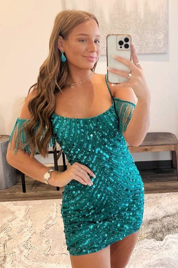 Emerald Green Sequin Cold-Shoulder Fringe Short Homecoming Dress Cocktail Gown