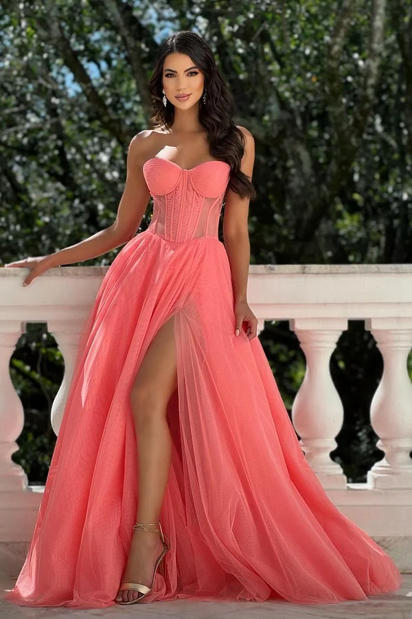 Watermelon Sweetheart Neckline Strapless Tulle Split Prom Dress ssr0098