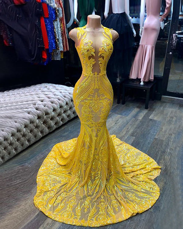 SSR1593,Luxury Yellow Prom Dresses,See Through Evening Dresses,Applique Lace Prom Dress,