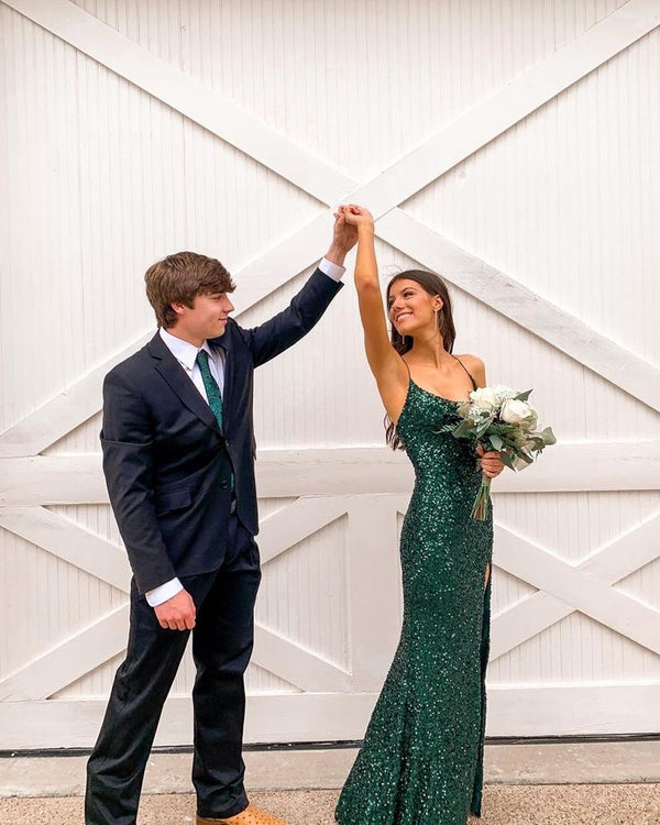 SSR1728, Dark Green Mermaid Long Prom Evening Dresses, Sequined Party Dresses With Side Slit