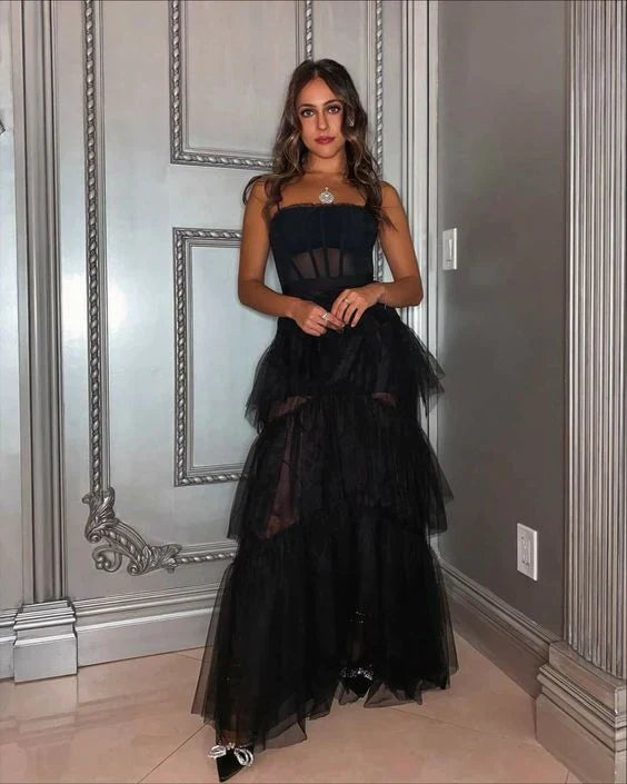SSR1647,Spaghetti Strap Mesh Corset Gown Long Prom Dress Black Evening Dress