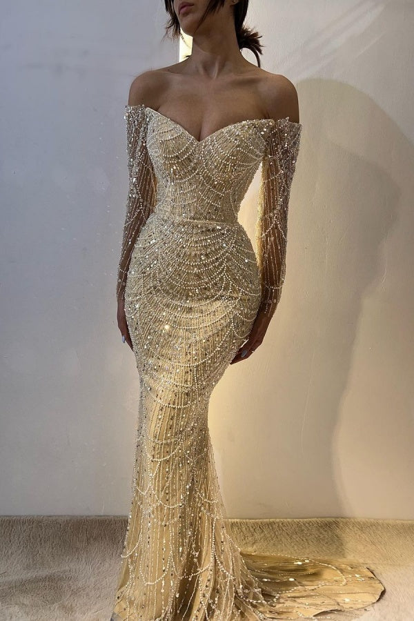 Champagne Luxurious Strapless Beaded Mermaid Prom Dress With Long Sleeves ssr0153