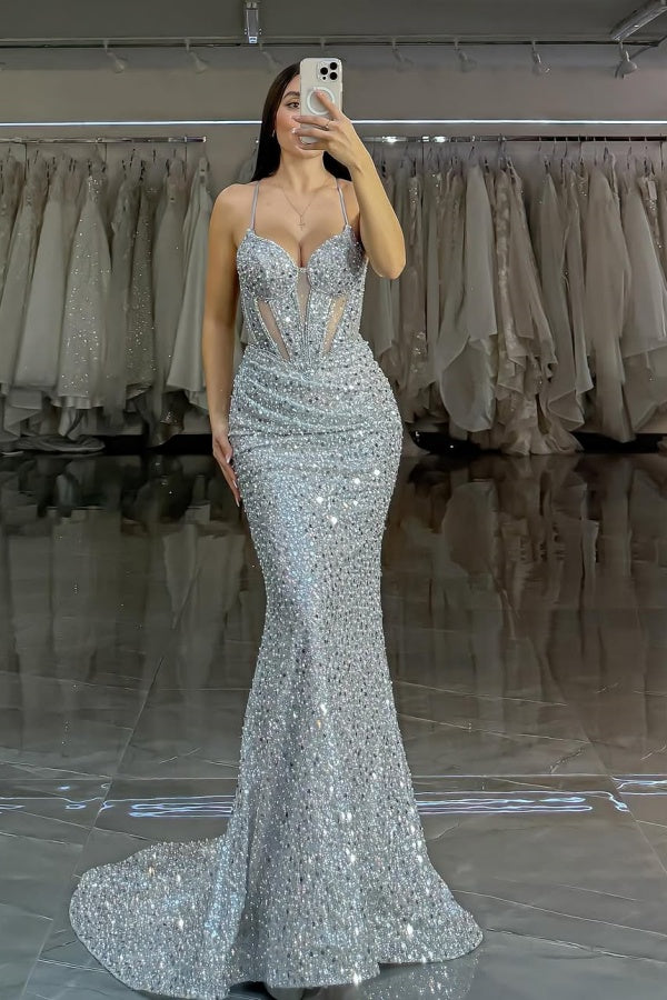 Gorgeous Silver Sequins Beaded Mermaid Prom Dress ssr0669