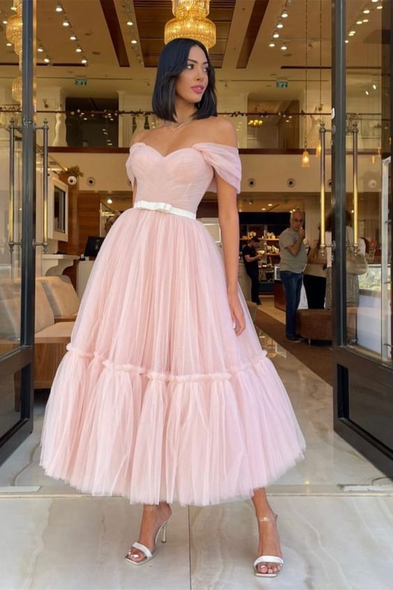 SSR1864,Light Pink Off The Shoulder A-Line Tulle Ankle Length Prom Homecoming Dresses