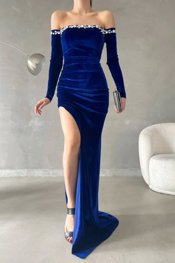 Royal Blue Velvet Strapless Split Long Sleeves Prom Dress ssr0331
