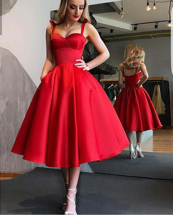 SSR0379,Red sweetheart a line satin prom dresses tea length homecoming dresses