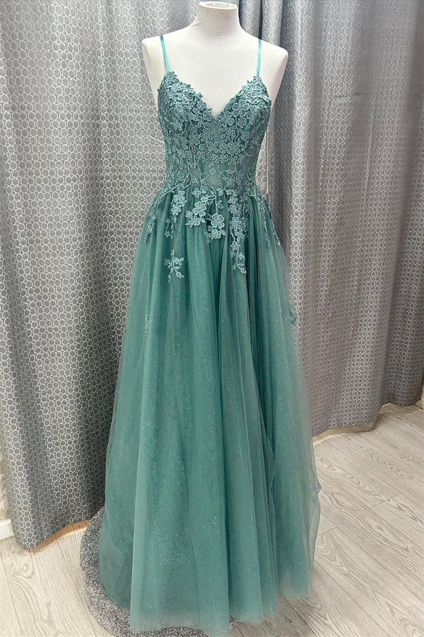 Straps Teal Green Lace Appliques Long Prom Dress