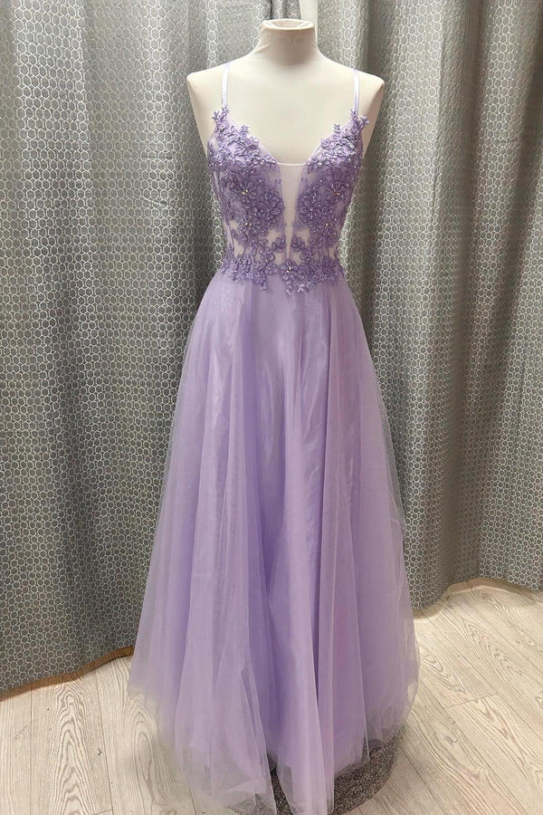 Straps Lavender Lace Appliques A-line Long Prom Dress