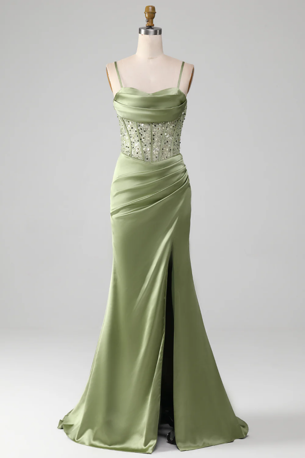 Elegant Light Green Sheath Split Sequins Pleated Prom Dress ssr0569