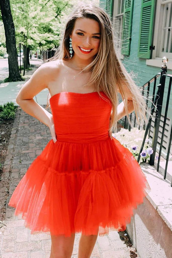 SSR1422,Red Tulle Strapless Homecoming Dresses Short Prom Dresses Evening Gown