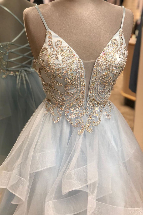 SSR0632,A Line Spaghetti Straps Light Sky Blue Short Homecoming Dress With Beading