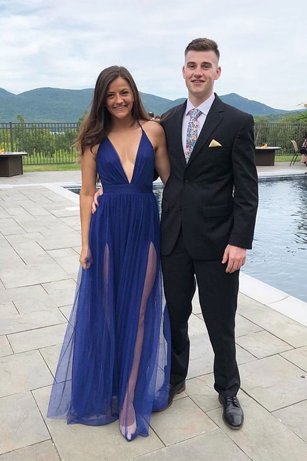 SSR0536,Halter Blue Prom Dresses Tulle Long Prom Dress Deep V-Neck Party Gown