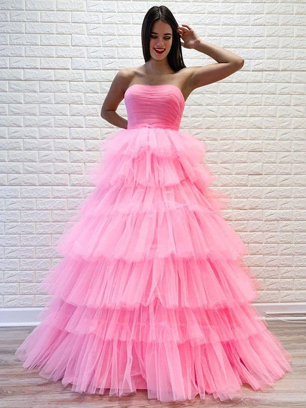 SSR0950,Pink Tulle Sweet 16 Dresses Princess Strapless Long Formal Prom Dresses