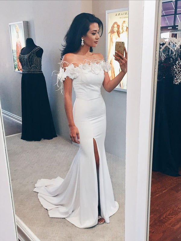SSR1332,White off the shoulder floral prom evening dresses with side slit