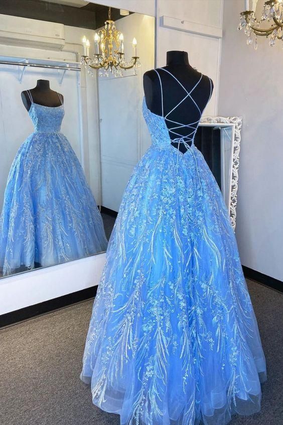 SSR1025,Sky blue lace prom dresses evening ball gown