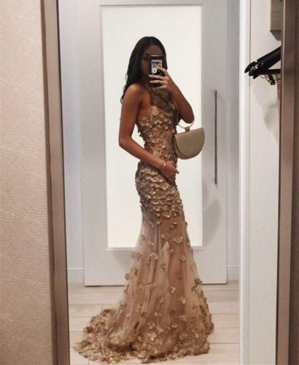SSR0168,Champagne Sweetheart Mermaid Floral Applique Prom Dresses Sleeveless Tulle Prom Dress See Through Evening Formal Gown