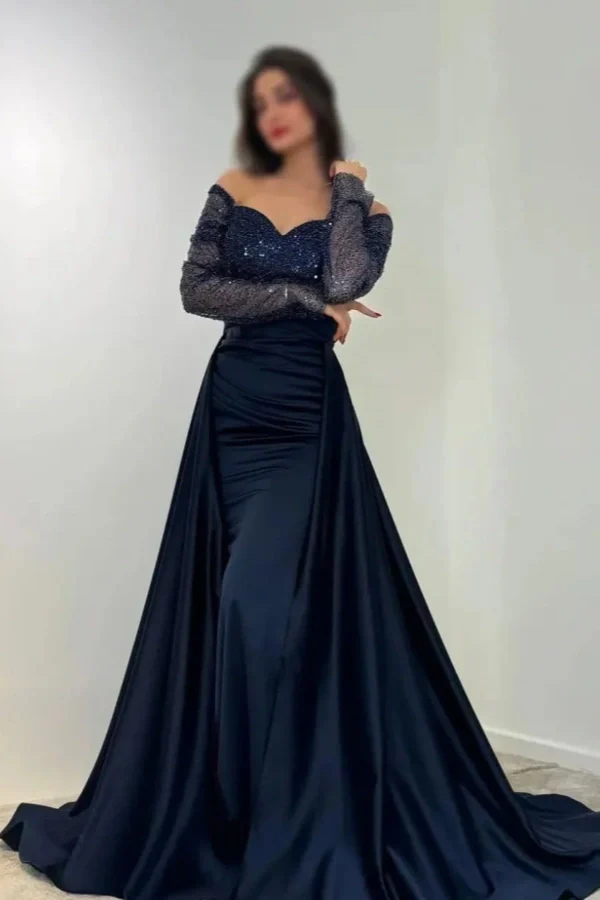 Dark Navy Off-The-Shoulder Sequins Long Sleeves Prom Dress ssr0516