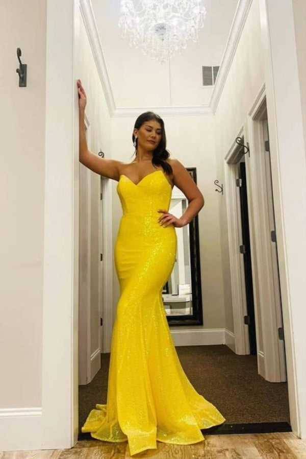 SSR0389,Yellow strapless sleeveless mermaid long prom dress trumpet sequin dress