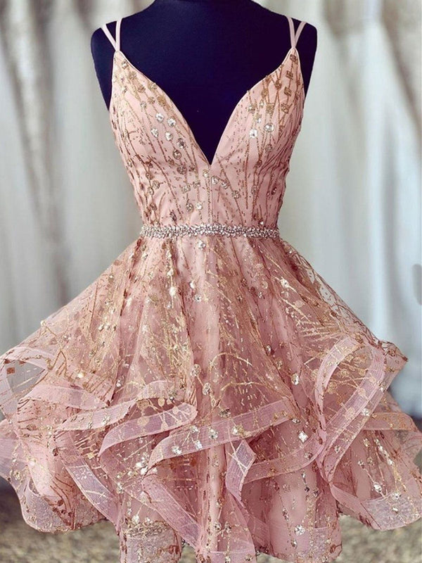 SSR1063,Pink sequin a-line homecoming dress,cute graduation dress