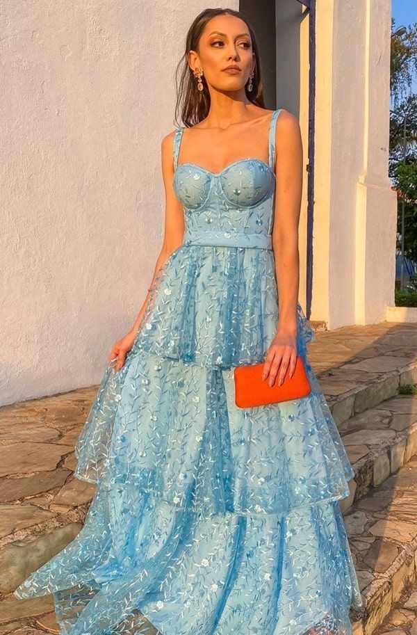 SSR1194,Vestido Blue A-Line Prom Dresses,Lace Layers Ruffles Evening Party Dresses