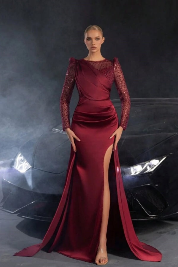 Burgundy Sequins Split Long Sleeves Prom Dress ssr0345