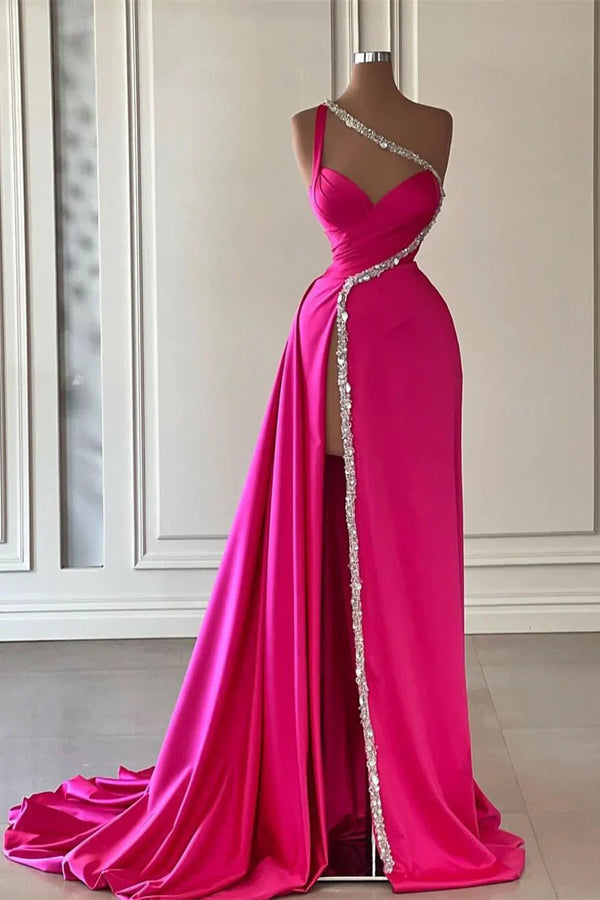 Elegant Long Fuchsia One Shoulder Jewels Sleeveless Prom Dress Long Slit Sexy Evening Dress
