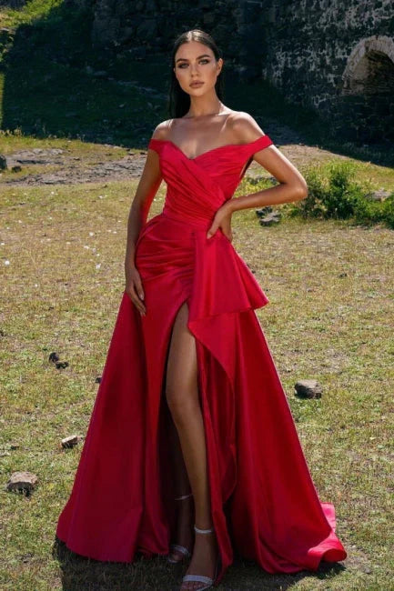 Elegant Off The Shoulder Red Prom Dress Long With Slit Sexy Evening Dress Formal Dress