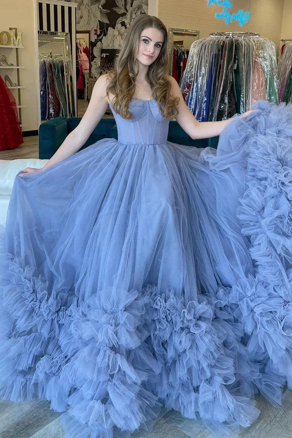 SSR1577,Princess Tiered Blue Strapless Ball Gown,Long Prom Evening Dresses