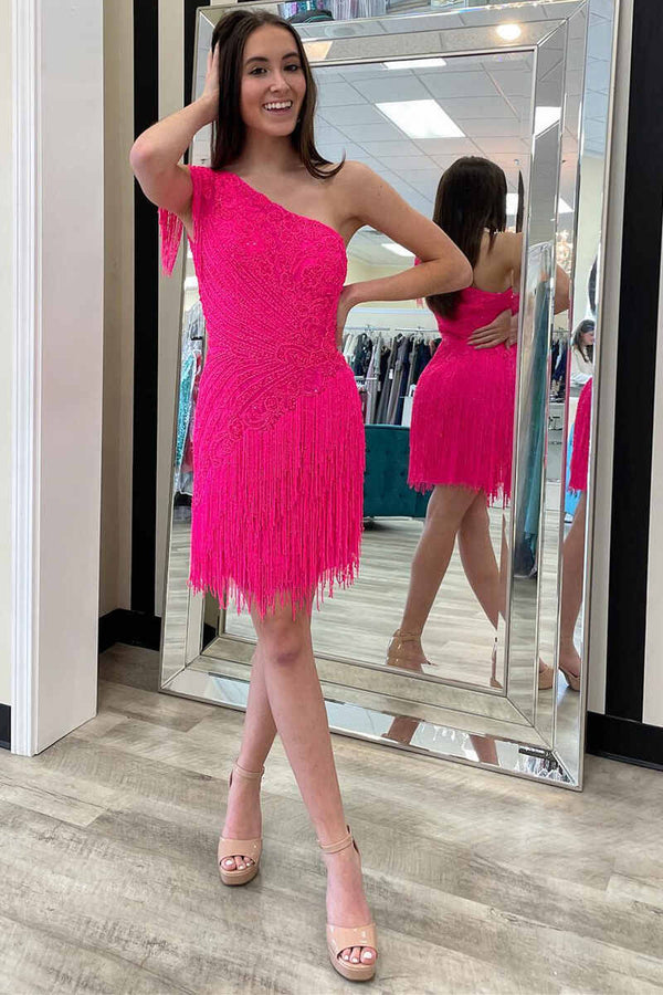 SSR1185,Hot Pink One-Shoulder Beading Tassel Short Homecoming Dress