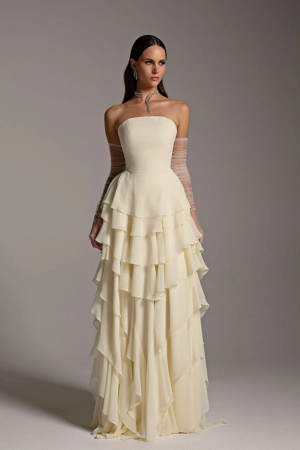 Chiffon Strapless Ruffles Elegant Prom Dress With Tulle Gloves ssr0612