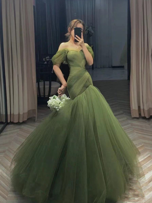 SSR1620,Green Tulle Off The Shoulder Mermaid Long Prom Evening Dresses